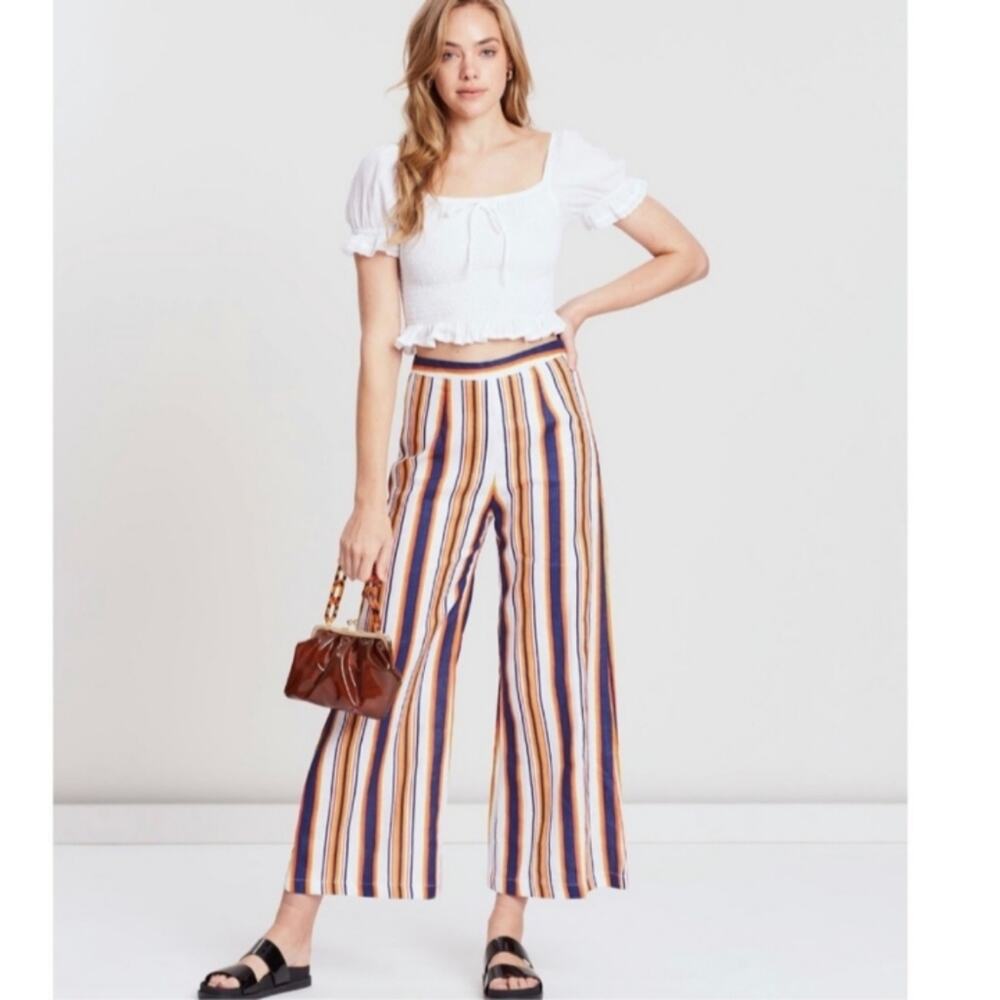 Faithfull the Brand Linen Scelsi Striped Wide-Leg High Rise Pants Size 4 Boho